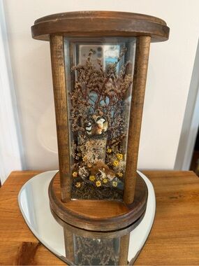 Vintage 1979s wood glass diorama cloche woodland theme ceramic raccoons 10” tall